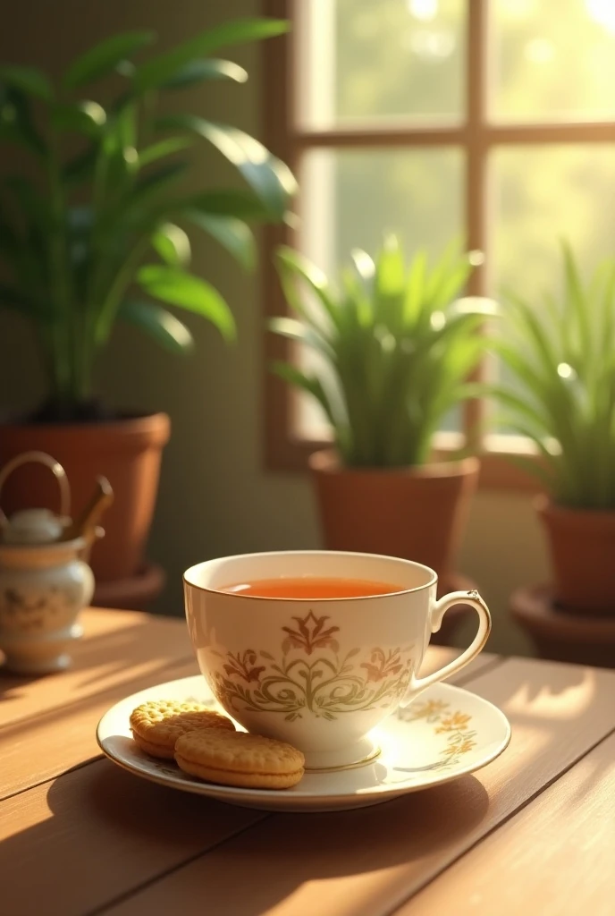 A cup of tea with biscuits indoors, soft lighting, plants in background, window with sunlight, cozy room, realistic, intricate details, warm colors, by Farhana