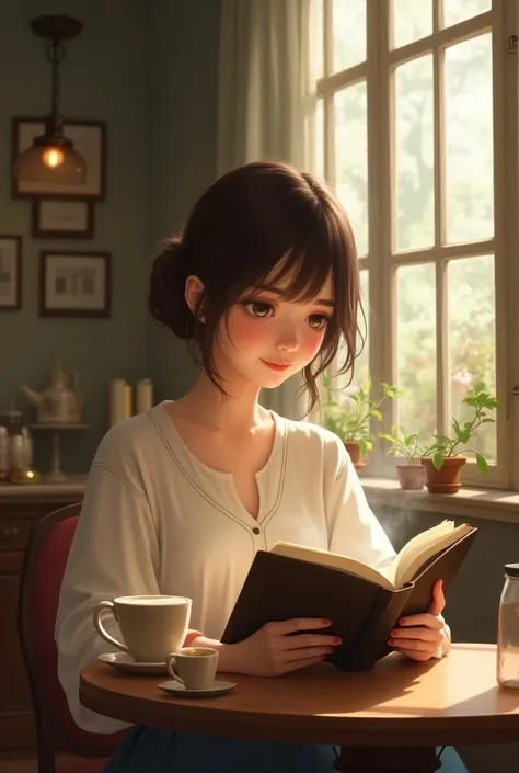 Girl reading a book in a cafe