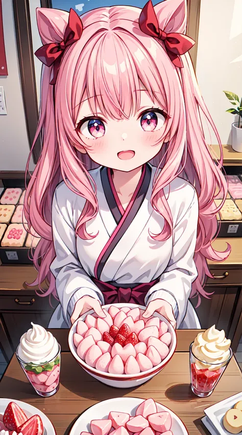 (8k,  best quality, masterpiece: 1.2),  super high resolution , 1 girl,***,ultra-detailed face,  detailed eyes ,droopy eyes, sparkling eyes, very long twin blades ,pink hair, straight curly hair , strawberry decoration hair accessories ,Pink eyes,   of sho...