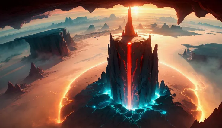 Concept art of A breathtaking aerial view of Krypton, showcasing its vibrant red landscapes and alien geography. Large bodies of water reflect the fading light of the red sun, surrounded by vast deserts, cities, and rocky terrain. The planet seems to pulse...