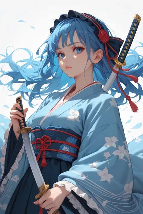 Beautiful girl with long blue hair, lolita kimono dressed, blue eyes and a blue and golden katana