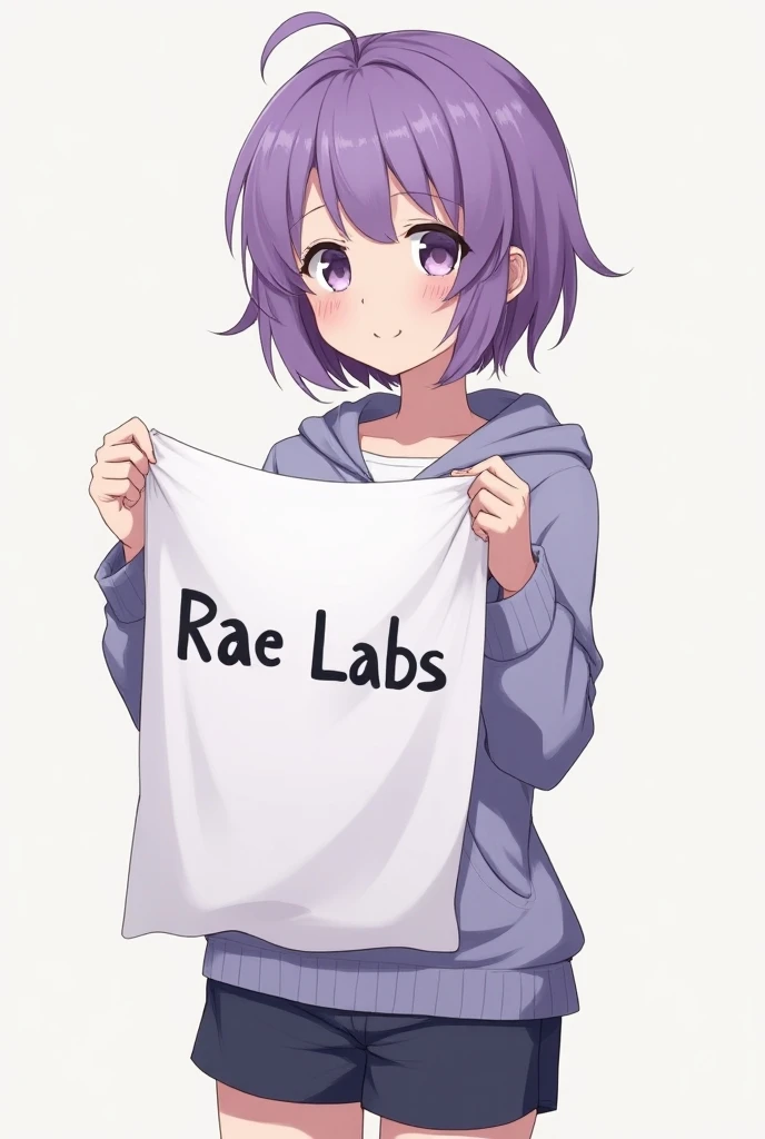  an anime girl ,  short and purple hair ,  dressed in relaxed clothes, with a sheet but hands written  "Rae Labs"  and showing her to the spectator  