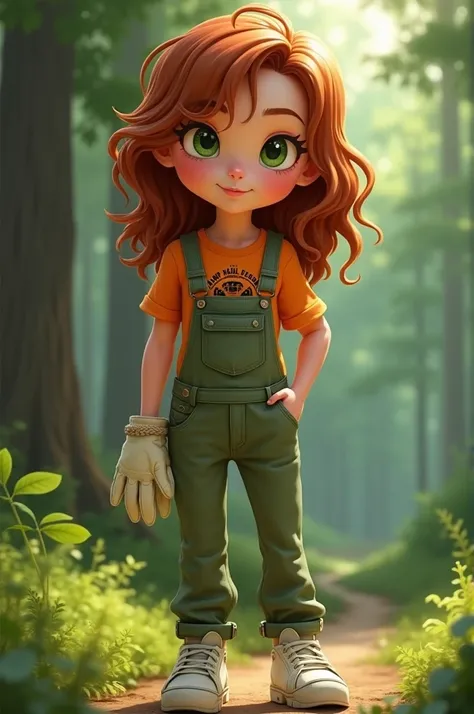 52 feet tall, pale skin, wavy brow hair, green eyes and slender built. Wears orange camp Half-Blood t-shirt with sage green overalls and chunky white sneakers, gardening gloves hang out of pocket.