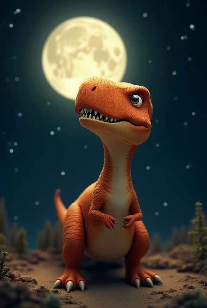 Orange rex dinosaur with cute face looking at the moon 
