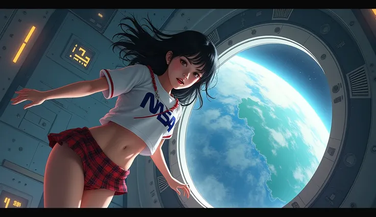 an asian girl,  inside a space rocket ,  wearing a NASA blouse , And a plaid mini skirt ,  floating in zero gravity showing her red thong panties, Seeing planet Earth through the ships window, realistic and detailed, atmosphere of terror and suspense