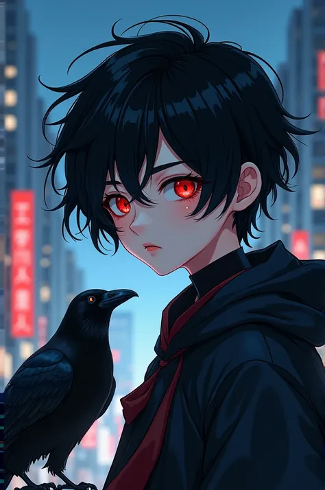 masterpiece,  best quality , 1 boy, Night City,  cute boy, manhwa style, 2D, Asian eyes,  long black hair , Detailed face,  red eyes,  with a dot under the right eye ,  and a dot under the mouth ,  Half-length portrait, elevated details, with a raven aroun...