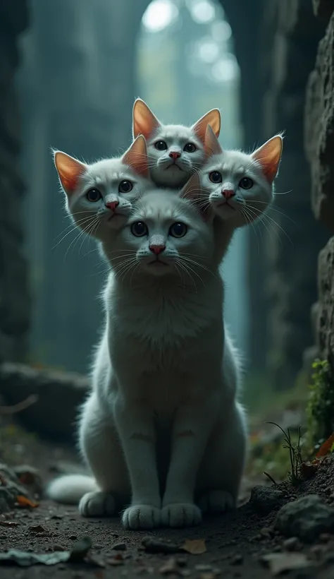 Cat with 4 heads, ultra cute and scary, in a haunted castle, ultra realistic, cinematic 8k, ambient light, dark and cold 