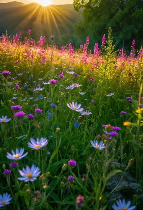 masterpiece,best quality,high resolution,ultra sharp focus,Cinematic Lighting, ethereal light, intricate details,full colored, HDR, UHD,8k,detailed background is beautiful,Flower field, endless blooms, vibrant colors, wildflowers, gentle sunlight, lush gre...