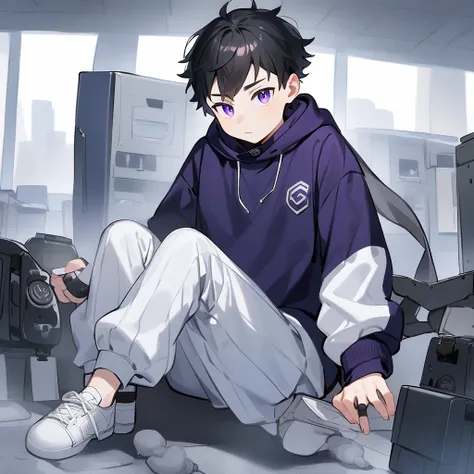 Create a 14-year-old boy with purple eyes and black hair white feet and a sweatshirt 