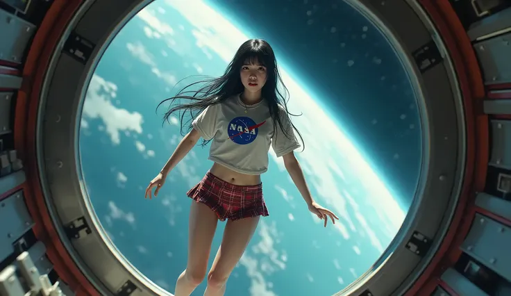 an asian girl,  inside a space rocket ,  wearing a NASA blouse , And a plaid mini skirt ,  floating in zero gravity showing her red thong panties, Seeing planet Earth through the ships window, realistic and detailed, atmosphere of terror and suspense