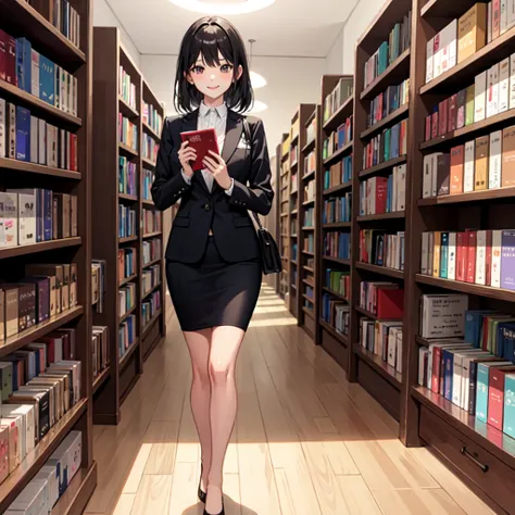 a pretty girl, black hair, The eye is red, she has bangs, Wear a suit and skirt , She smiles.  She has a book in her hands. Theres a library in the back .