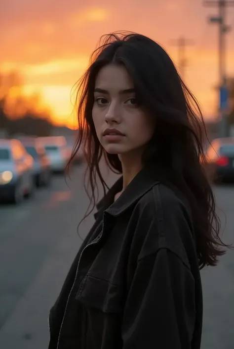 young adult Hispanic woman with black hair, brunette, light brown eyes, 4k ultra realistic sitting on asphalt posing for photography sunset in the background and several parked cars