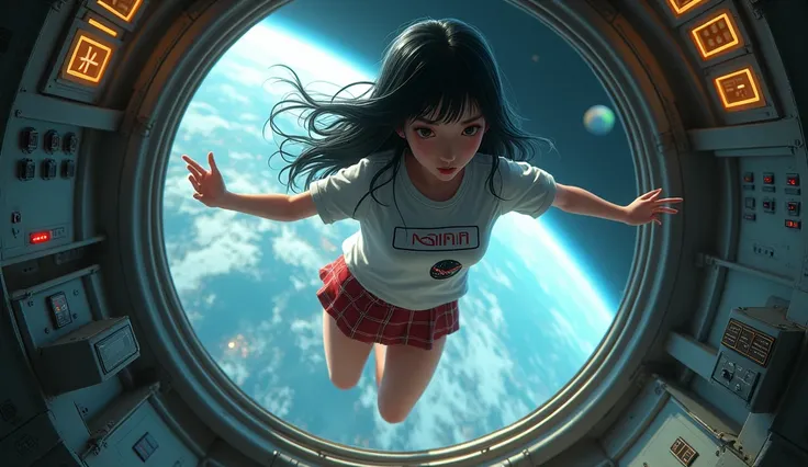 an asian girl,  inside a space rocket ,  wearing a NASA blouse , And a plaid mini skirt ,  floating in zero gravity showing her red thong panties, Seeing planet Earth through the ships window, realistic and detailed, atmosphere of terror and suspense