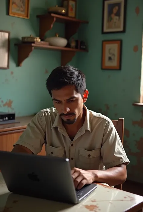  Image of a Venezuelan person who is taking an online class at home( not luxurious ,  and inexpensive clothes  )