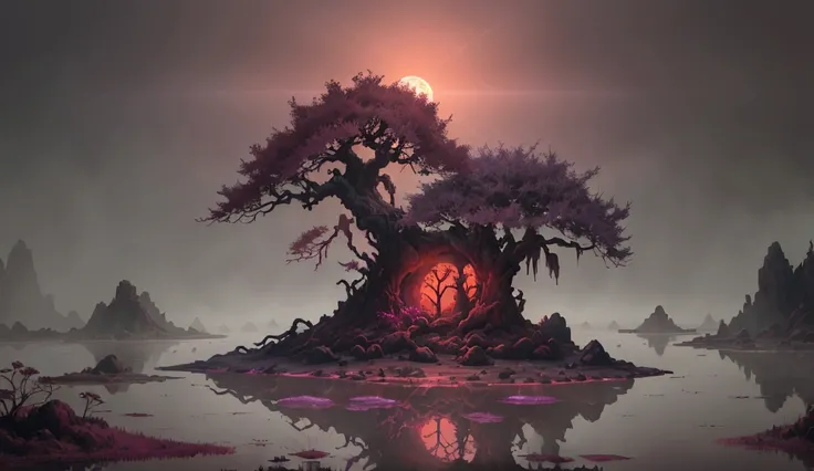 Concept art of A swampy, fog-filled terrain covered with glowing red and purple algae. Faint, bioluminescent plants rise from the water, creating an eerie, vibrant glow. The atmosphere is thick with mist, and strange creatures lurk in the murky waters. The...