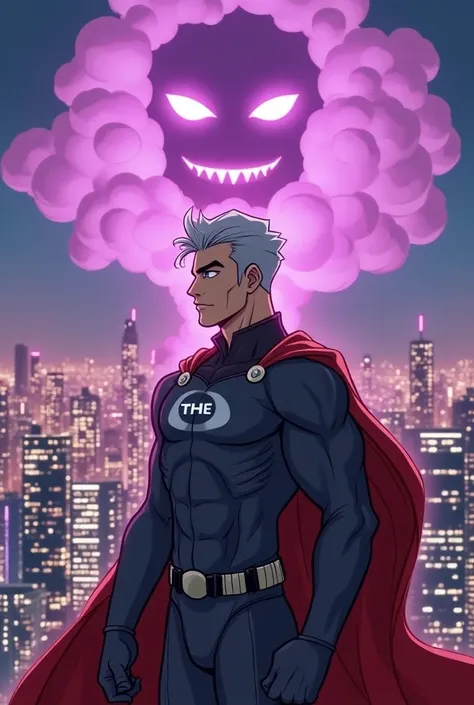  creates an animated image in comic format of a muscular Caucasian male animated comic book superhero with short silver hair and blue eyes,  wearing a gray suit and a red cape , with a "the" in the suit , The superhero must be turning his back standing in ...