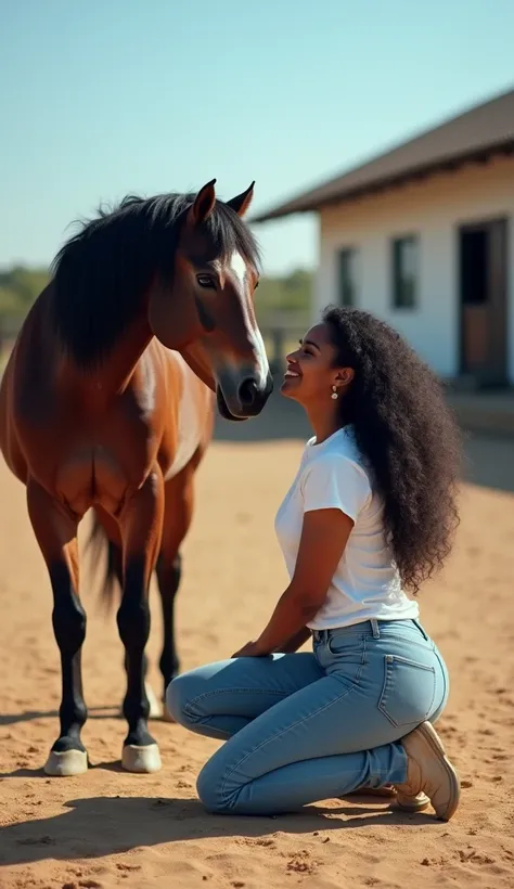 30-year-old black woman, very long curly black hair, kneeling on the dirt floor, wearing a simple white t-shirt and jeans, with a horse at her side. She is in profile, watching the horse and smiling, with a simple house in the background and the blue sky. ...