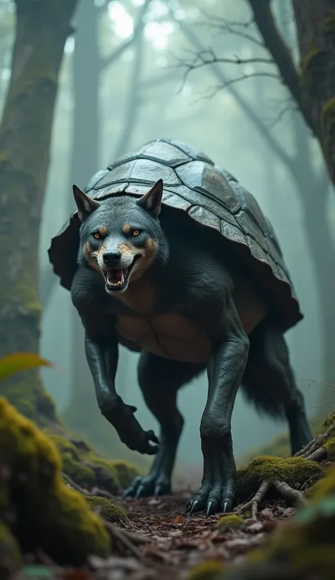 A hybrid creature blending features of a wolf and a turtle, in an ancient, misty forest, the creature has the muscular body and fur of a wolf combined with a large, rugged turtle shell on its back, standing on four powerful, clawed legs, its head is wolf-l...