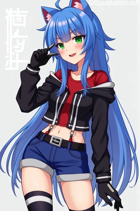 a girl,  teenager, long hair color blue , fringe, hedgehog ears ,  green-eyed,  seductive smile ,red shirt, Black sweatshirt, black and white gloves , belt, blue shorts,  black and white long socks, red shoes