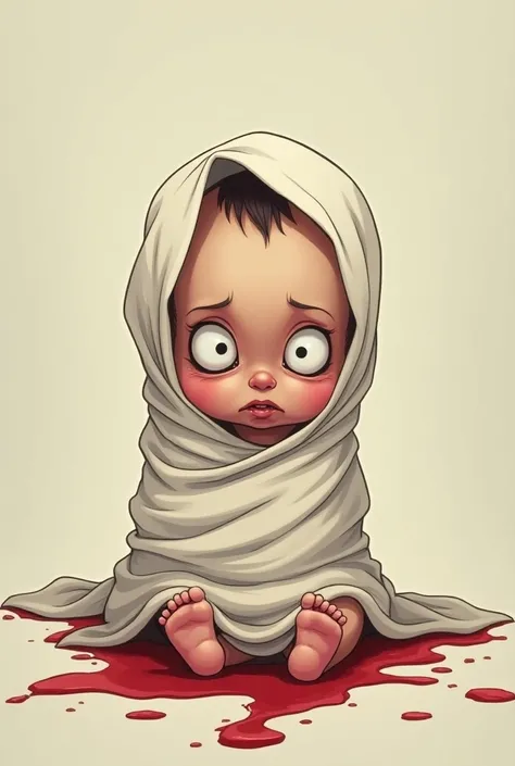 Cartoon of a baby wrapped in a sheet with blood
