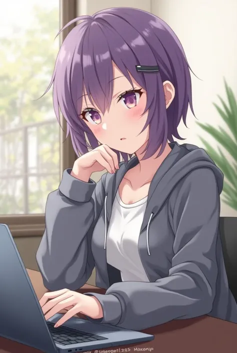  an anime girl , 21 years old. short and purple hair,  dressed in relaxed clothes, With laptop in hand programming,  serious expression , thoughtful