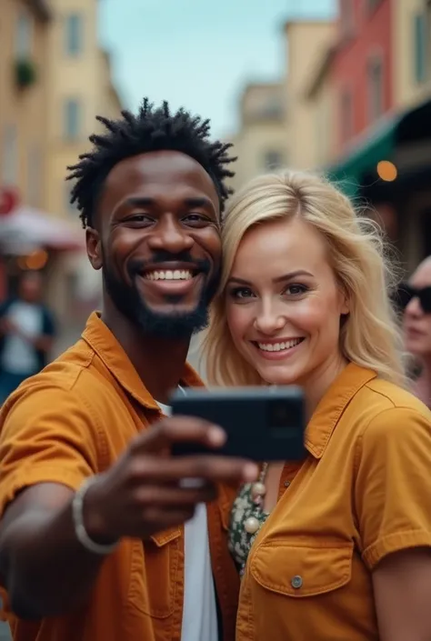 African man and a fat blonde woman taking a selfie  