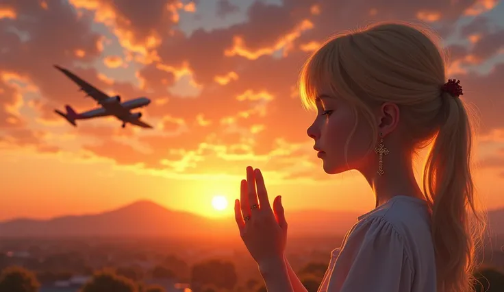 A beautiful blonde girl 13yo, in left side, wearing cross earrings,feeling sad while praying and elegantly wrapping around her hands in a prayer position, hands raised in worship, tears glistening on her cheeks sitting on watch sunset, warm sunset, beautif...