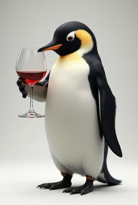 Naked full body penguin drinking a glass of wine