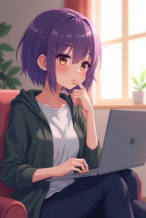  an anime girl , 21 years old, medium skin color , short and purple hair,  dressed in relaxed clothes, With laptop in hand programming,  serious expression , thoughtful