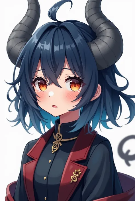 A 19-year-old half-dragon-half-human hybrid. Has slate-grey horns, amber-orange eyes, and navy-blue hair, has regular human ears. Is slender with a petite form, and is relatively short compared to most people. Anime style