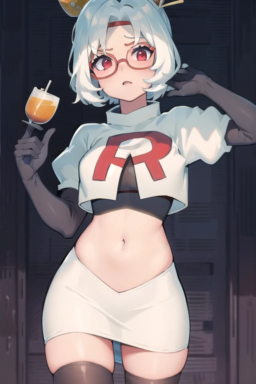 masterpiece, best quality, purah, red glasses, hair ornament,1girl,team rocket,team rocket uniform,white skirt,red letter R,crop top,black thigh-highs,black elbow gloves, cowboy shot