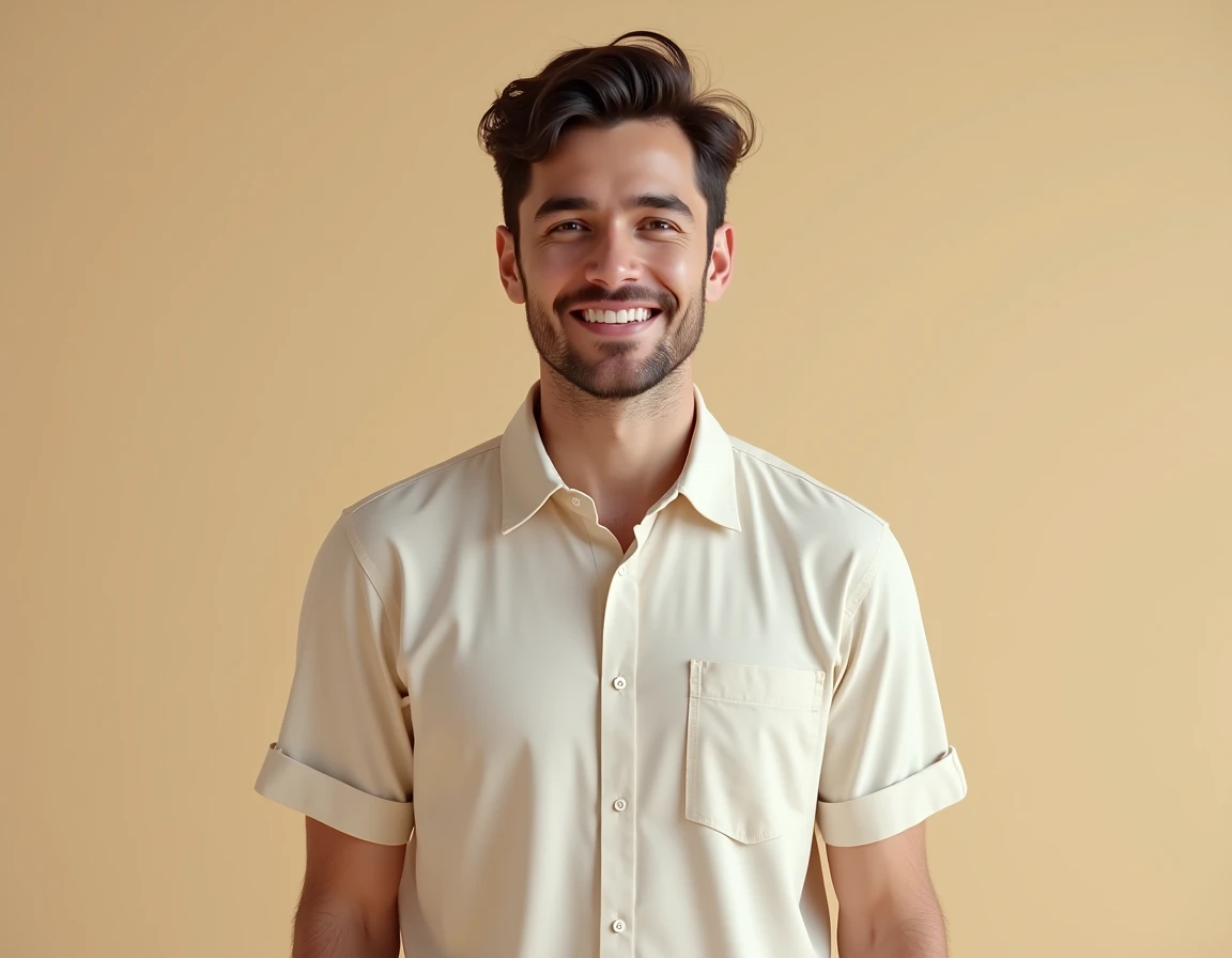 guy in shirt standing front view, arms next to body, relaxed pose