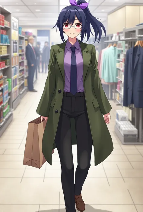  Dark Blue Ponytail with Purple Bow、 Different Color Eyes （Left red、Right olive green）、 Silver Frame Glasses 、 Purple Suit Shirt with Dark Blue Tie 、 black trousers 、Army Green Coat 、Brown leather shoes、 with both hands holding a large paper bag、In the mal...