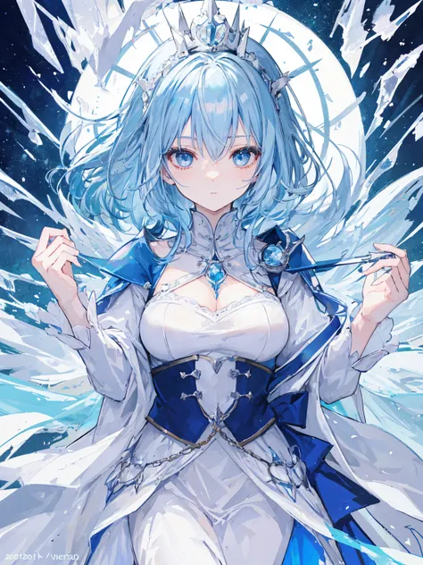 1 mature girl, Light blue hair, sharp white eyes ,  wear a white dress and ice crown ,  make it like a tarot anime style,But no frame