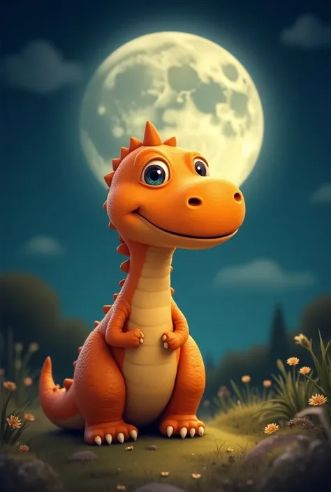 Orange rex dinosaur with a cute face with a title that says the dinosaur and the moon 
