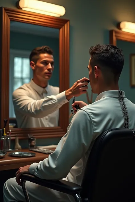 Cristiano Ronaldo barber and cutting the hair of one man man sitting in the chair and looking in the mirror and Christiano Ronaldo cut the hair