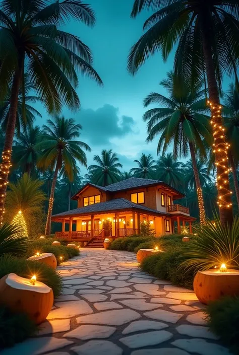 Christmas with a background of palm trees with coconuts decorated with lights without a beach
With Villa Coyolito logo on a corner