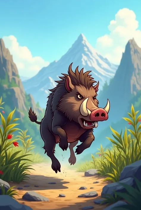 A wild boar from fable running backwards towards the mountain cartoon style seen from the back seen in profile