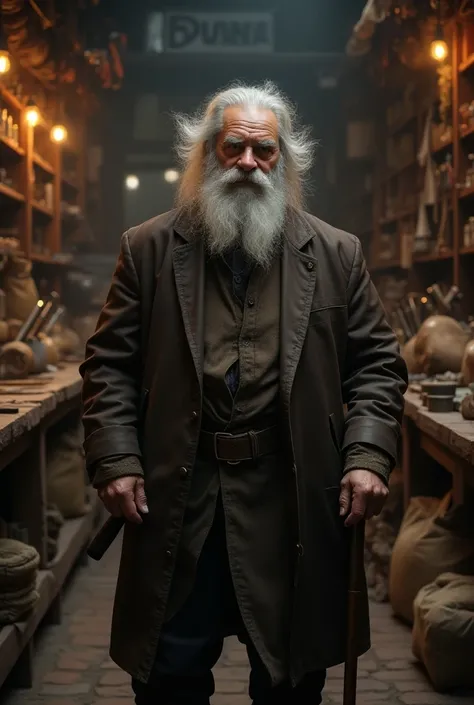 Fotografia Ultra realistic,  man behind a wooden counter ,  The shopkeeper has a wild and disheveled appearance ,  with his gray hair and a beard that protrudes in all directions .  His slightly hunched back forces him to walk with a cane .  He is eighty-t...