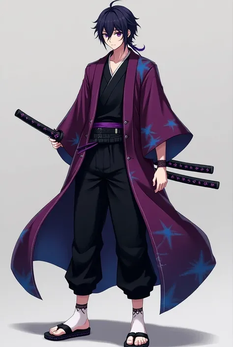  A sexy male warrior , with one eye in purple ,  with the other eye in whitish blue ,  with black hair with dark purple tones ,  dressed in a haori in dark magenta color with blue with black star design,  wearing inside a buttoned shirt in black color ,  w...