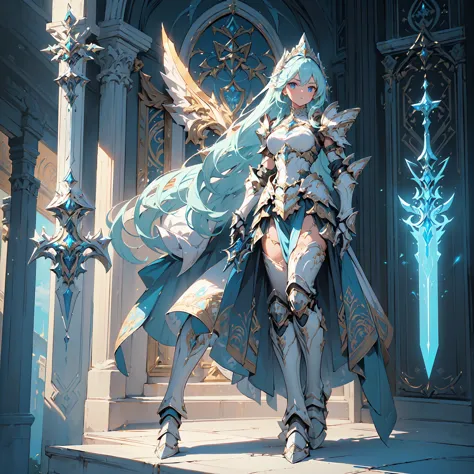 (((masterpiece, best quality, high detailed, 8k))) Design a layout showcase Gaming character, (1girl). valkyrie White|Blue|Gold armor, elegant and majestic. ((showcase weapon:1.4)), celestial sword. (masterpiece:1.2), (best quality), 4k, ultra-detailed. (Step by step design, layout art:1.5), (luminous lighting, atmospheric lighting). divine warrior, ((glove full hands)), (((regal armor:1.3))), shoulder pauldrons, armored boots, (((full_body_shot:1.4))). {In a radiant celestial realm}.