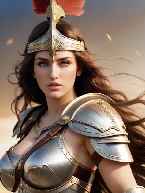 Athena, Goddess of war, Greek warrior armor, Very longer haired, beautiful face,beautiful eyes, sexy, beautiful massive body, has a big Breasts,