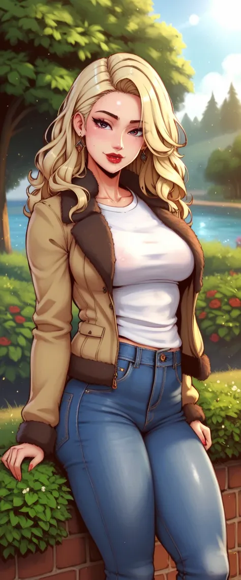 1girl,bush,fashi-girl,black straigth hair,(masterpiece:1.4),(best quality:1.4),(shiny skin),red lips,looking at viewer,medium breasts,cleft lip,DETAILED,1girl, jeans skirt,white shirt,bomber jacket, HD, HDR, ULTRA DETAIL, 4K, 8K, 