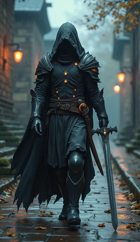 A central figure, dressed in dark, weathered armor with intricate details, is walking forward on a wet cobblestone path covered in scattered amber-yellow leaves. The characters black hood obscures their face, adding an air of mystery. Their attire includes...