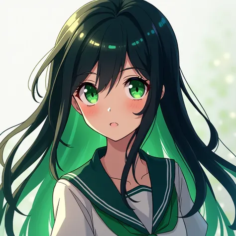 Anime style girl, Black hair with green details , long hair, Boku no Hero Academia Style,  teenager