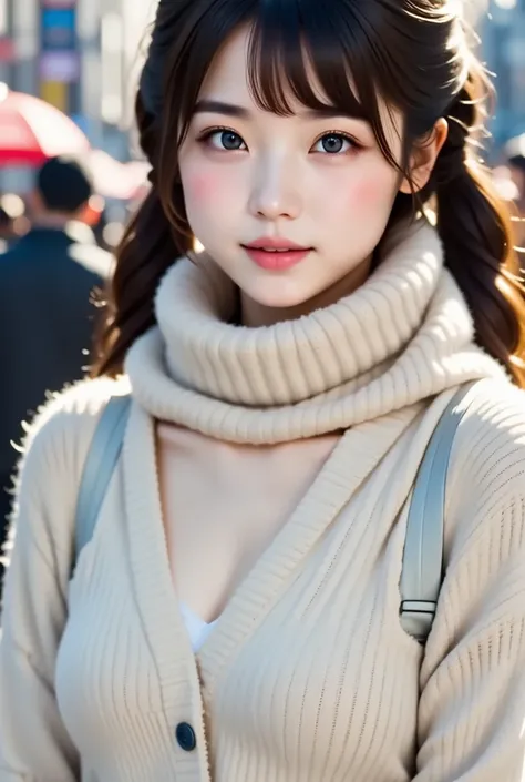  photorealistic, 8k full length portrait, Beautiful woman,  Charming expression ,  clear the system,  ponytails, 20 years old, Tokyo, winter, With Shibuya in the background