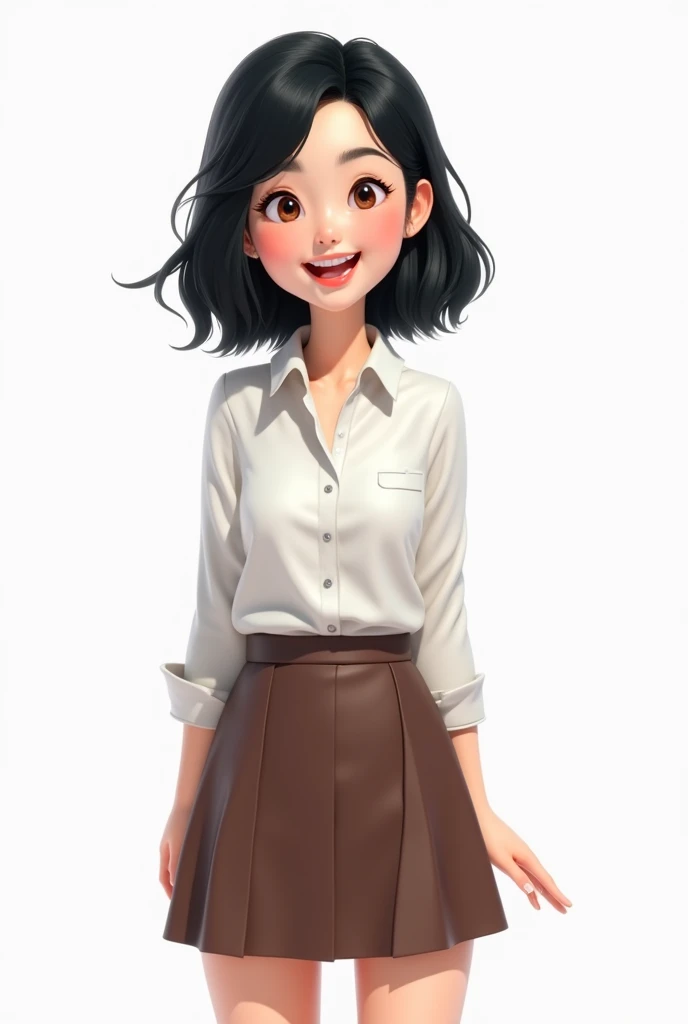  create a 3D-style drawing of a black-haired woman wearing a white shirt wearing a skirt, a must be alone ,  from the front showing the entire body,  with a face that conveys the feeling of happiness , the background must be completely white 