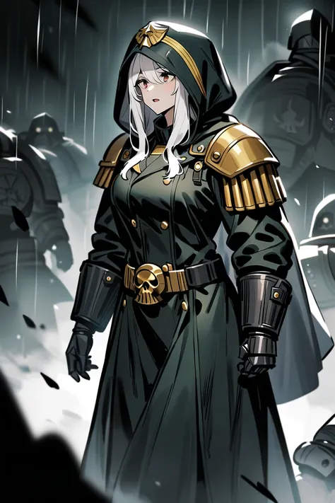 A woman with long white hair in black warhammer 40k power armor with a raincoat