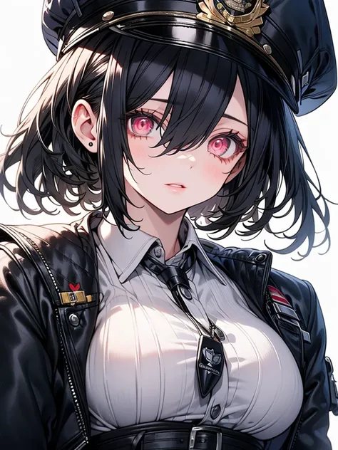 masterpiece, best quality, 16k, detailed eyes, 1 girl, 28yo, medium hair, black hair, hair is between eyes, large breasts, sagging breasts, pink eyes, oval eyes, round eyes, kind eyes, (police officer), police hat, city