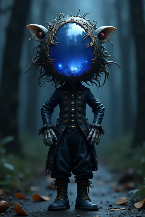 generate images of kawaii chibi character of (gemstone sapphire head) zany scarecrow with a horror fantasy theme,(hands on hips:1.5),clothes must be highly intricate gothic style , elegant, and visually striking, highly detailed leather boots, resembling d...